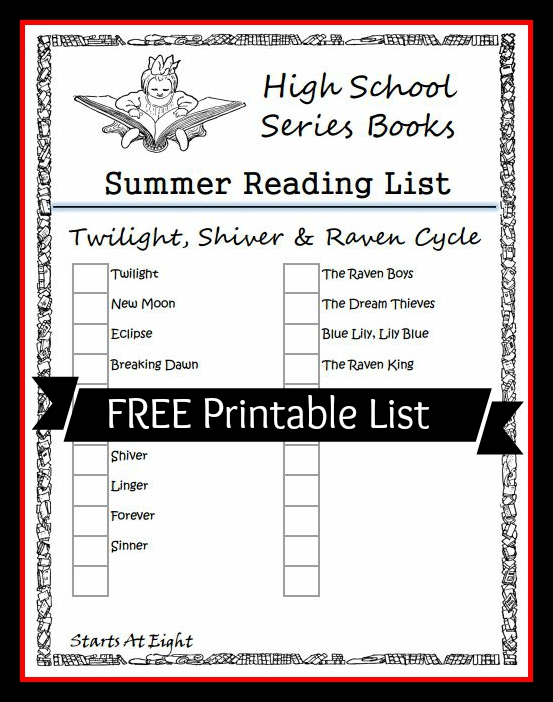 High School Series Books Summer Reading List FREE PRINTABLE