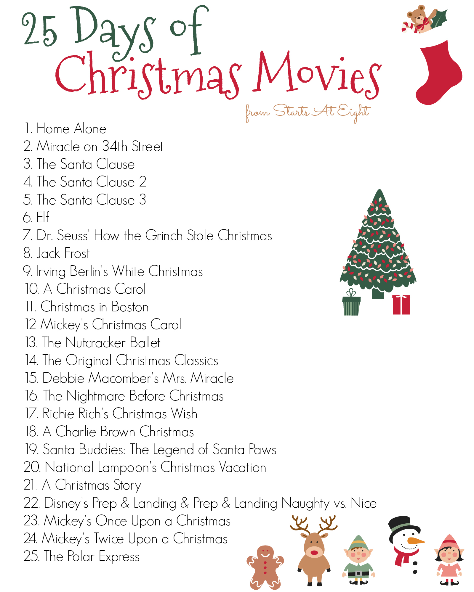 25 Days of Christmas Movies with Free Printable List StartsAtEight