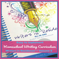 Easy to Implement Homeschool Writing Curriculum: A Writers in Residence™ Volume 2 Review from Starts At Eight. This homeschool writing curriculum offers a laid out schedule, easy grading rubrics, real life examples, step by step writing improvement techniques, and even work with English grammar skills.